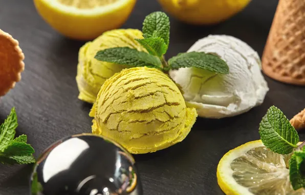 Balls, lemon, ice cream, mint, dessert, lemon