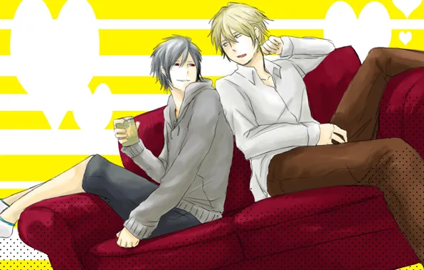 Cup, guys, sitting, Durarara, Durarara, Of Izaya Orihara, Heiwajima Shizuo