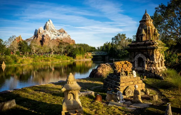 Bridge, pond, Park, mountain, CA, USA, the scenery, Disneyland