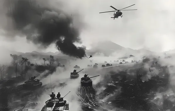 Picture Smoke, Retro, Helicopter, Tanks, Digital art, Black and white, AI art, The Art of Artificial …