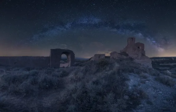 Field, the sky, grass, stars, night, stones, castle, The milky way