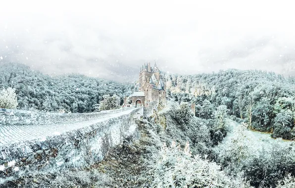 Winter, frost, road, forest, clouds, snow, bridge, nature