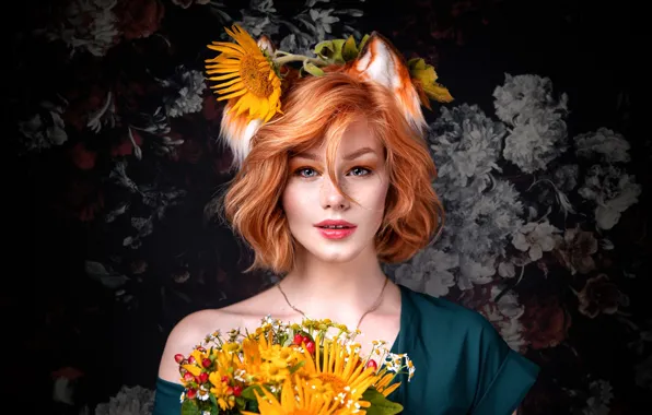 Look, girl, flowers, face, red, Fox, redhead, ears