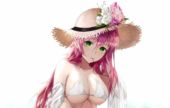 Girl, sexy, cleavage, pink hair, green eyes, long hair, hat, boobs