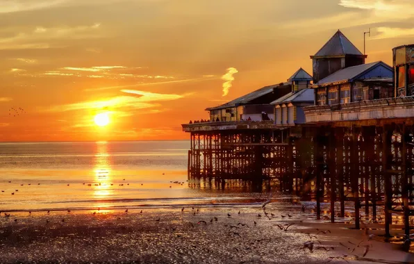 The sky, the sun, sunset, birds, shore, home, pierce, Blackpool