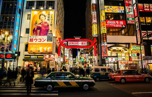 Picture people, street, neon, Japan, Tokyo, cars, stores, life