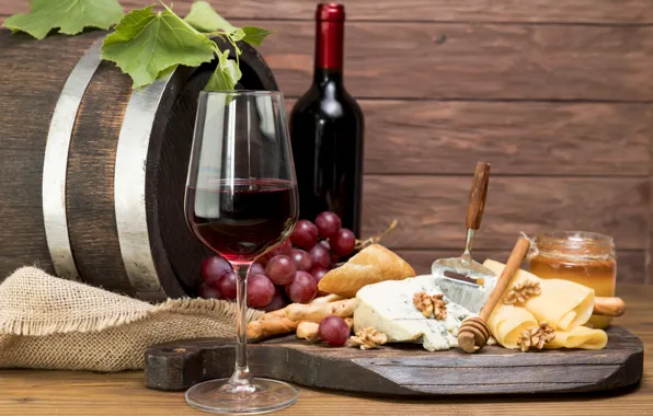 Wine, glass, bottle, cheese, grapes, barrel