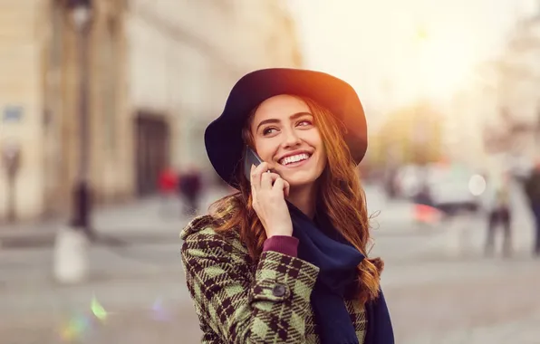 Girl, the city, pose, smile, street, model, hat, phone