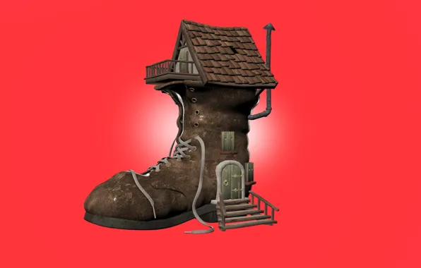 Picture house, creative, art, red background, boots