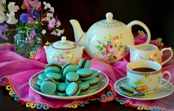 Picture the tea party, a bunch, teapot, cookies