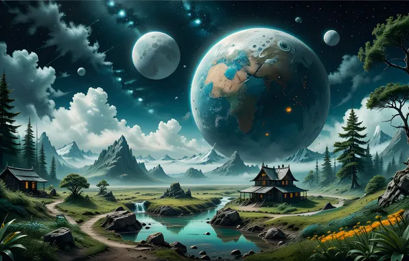 The sky, clouds, landscape, mountains, nature, lake, house, planet