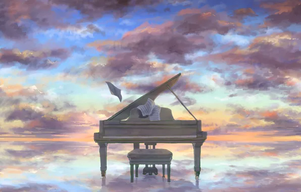Picture the sky, water, clouds, piano