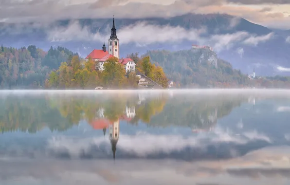 Picture clouds, landscape, nature, fog, lake, reflection, castle, Slovenia