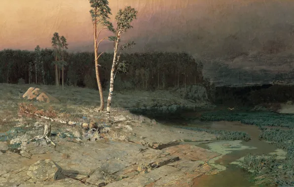 Forest, trees, river, oil, canvas, 1873, On the island of Valaam, Arkhip KUINDZHI