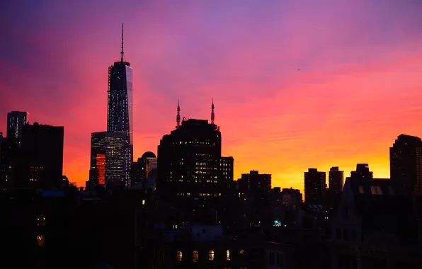 The sky, sunset, lights, skyscraper, home, New York, the evening, USA