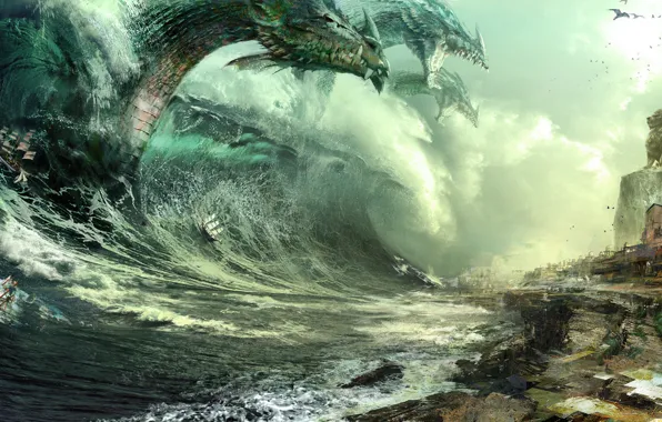 Sea, Dragon, Shore, Wave, Ships, Art, Guild Wars 2, Dragons