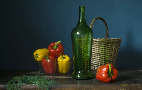 Table, bottle, food, dill, pepper, bowl, still life, basket