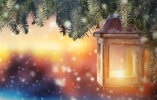 Snow, decoration, tree, New Year, Christmas, lantern, Christmas, snow