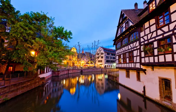 The city, river, France, home, the evening, lighting, Strasbourg, municipality