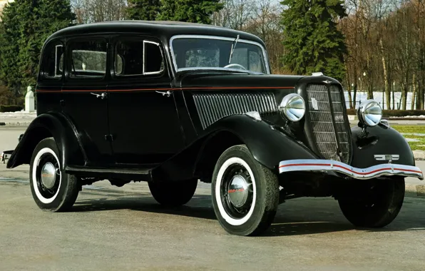 Retro, black, car, sedan, Soviet, emka, funnels, GAZ M 1