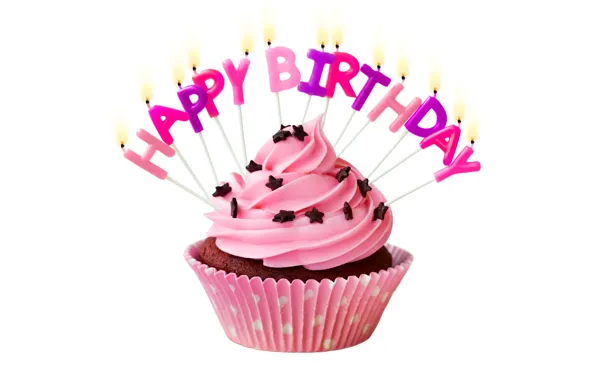 Picture candles, cake, cream, Happy Birthday, pink, cupcake, cupcake, celebration