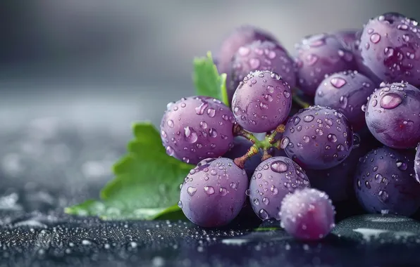 Purple, drops, grapes, grey background, bunch of grapes, AI art, neural network