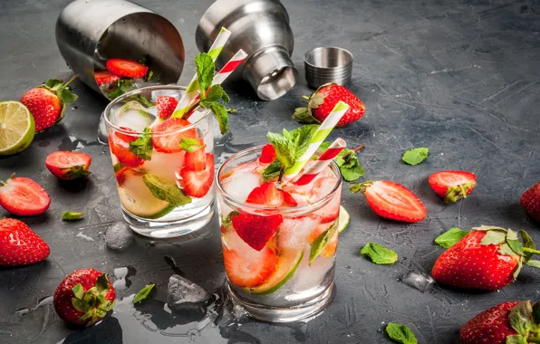 Ice, strawberry, lime, glasses, drink, tube