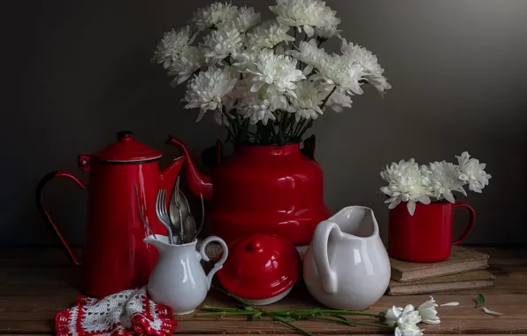 Flowers, red, the dark background, table, books, bouquet, kettle, dishes