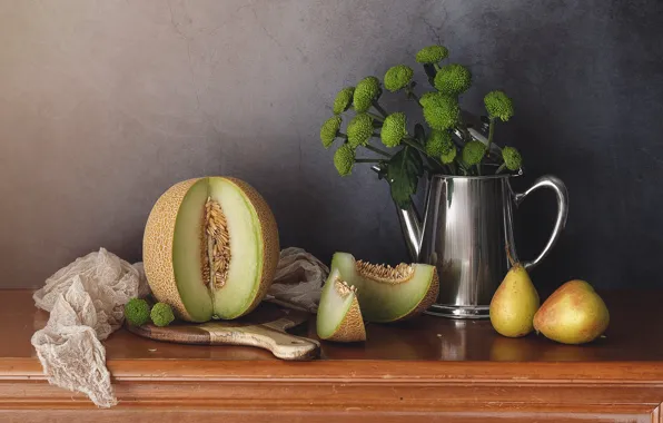 Flowers, table, bouquet, kettle, fruit, still life, pear, slices