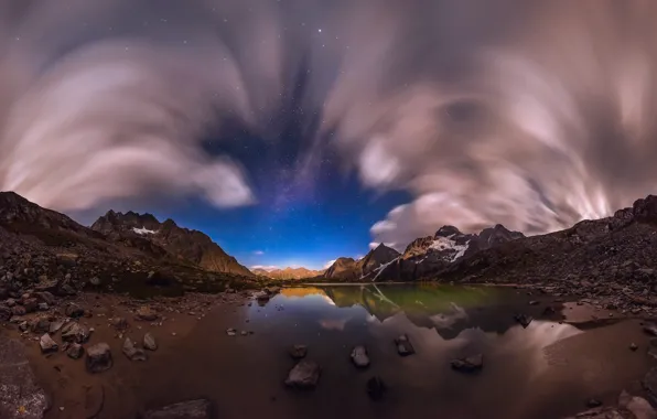 Picture stars, clouds, light, reflection, mountains, night, lake, stones