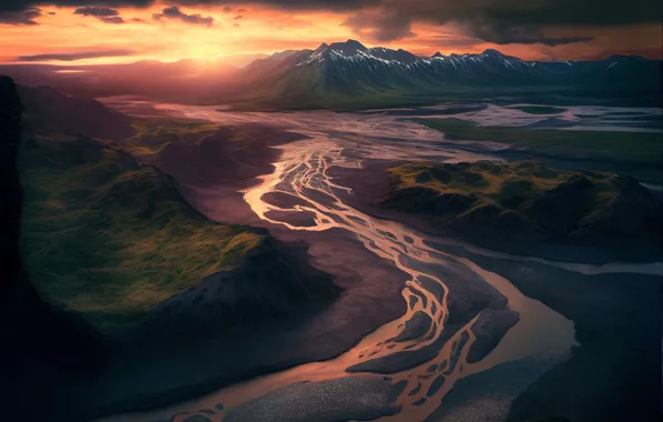The sun, landscape, sunset, mountains, nature, river, rendering, dawn