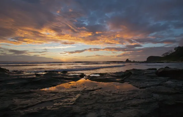 Wave, the sky, rays, sunset, stones, view, the sun, landscape. nature