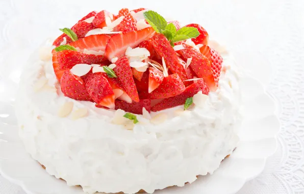 Berries, strawberry, cake, mint, dessert