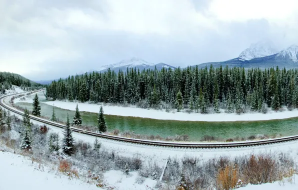 Winter, forest, snow, trees, mountains, Canada, panorama, railroad