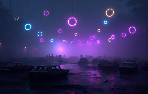Car, auto, night, fog, ring, neon, silhouette, night