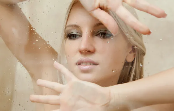 Girl, drops, face, model, hands, Alysha A, behind the glass