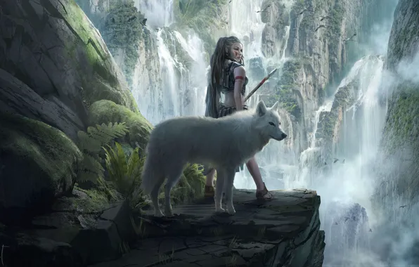 Picture look, girl, art, spear, white wolf, landscape. birds