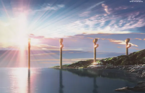 Sea, dawn, shore, posts, calm, the rays of the sun, sunrise, blue sky