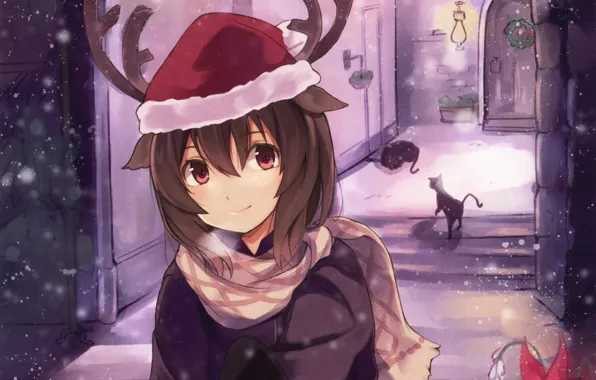 Picture winter, girl, snow, holiday, cats, Christmas, anime, art