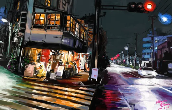 Road, night, the city, lights, Tokyo, art, Shitub52