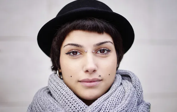 Picture girl, face, hair, hat, scarf, piercing, lips, direct look