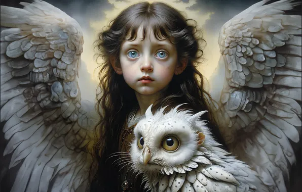 Look, owl, bird, portrait, wings, angel, feathers, fantasy