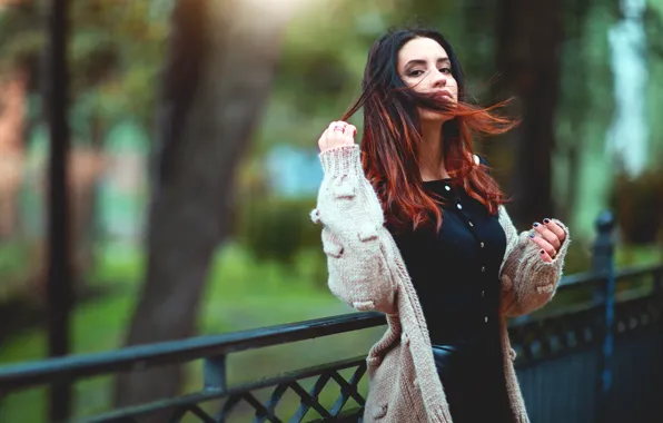 Look, girl, trees, bridge, nature, pose, Park, hands