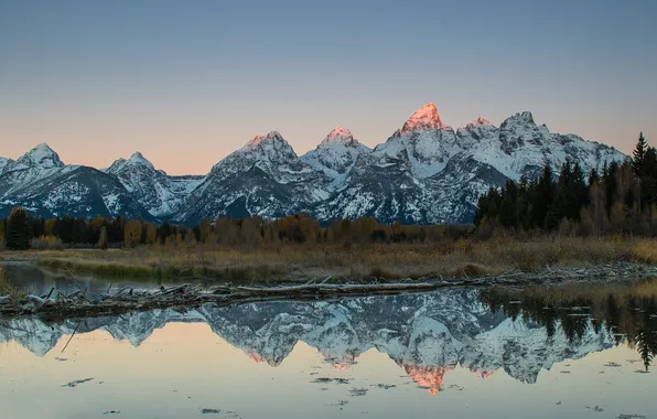Snow, mountains, lake, reflection, tops