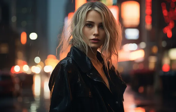 Look, girl, night, face, the city, lights, portrait, jacket