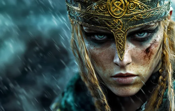 Sea, girl, clouds, rain, fantasy, blonde, helmet, warrior