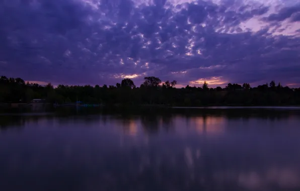 Picture the sky, water, clouds, trees, sunset, lake, surface, reflection