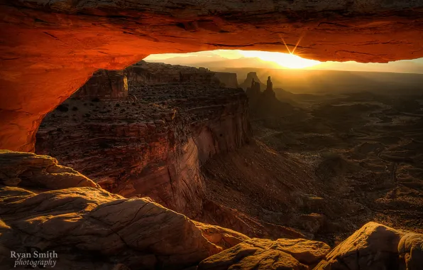 Picture rays, light, rocks, morning, Utah, USA, Mesa Arch, the sun