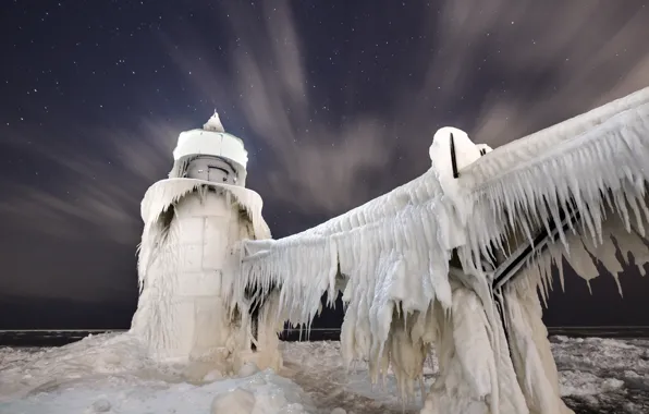Night, ice, Lake Michigan, St. Joseph Lighthouse