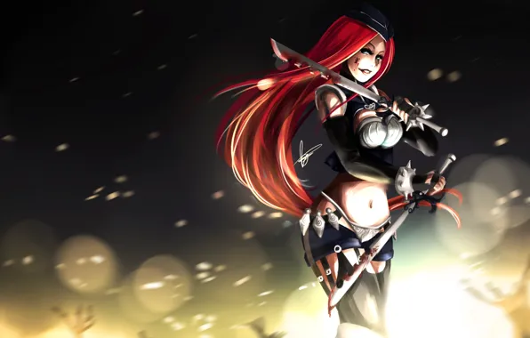 Picture girl, weapons, blood, art, sparks, league of legends, katarina